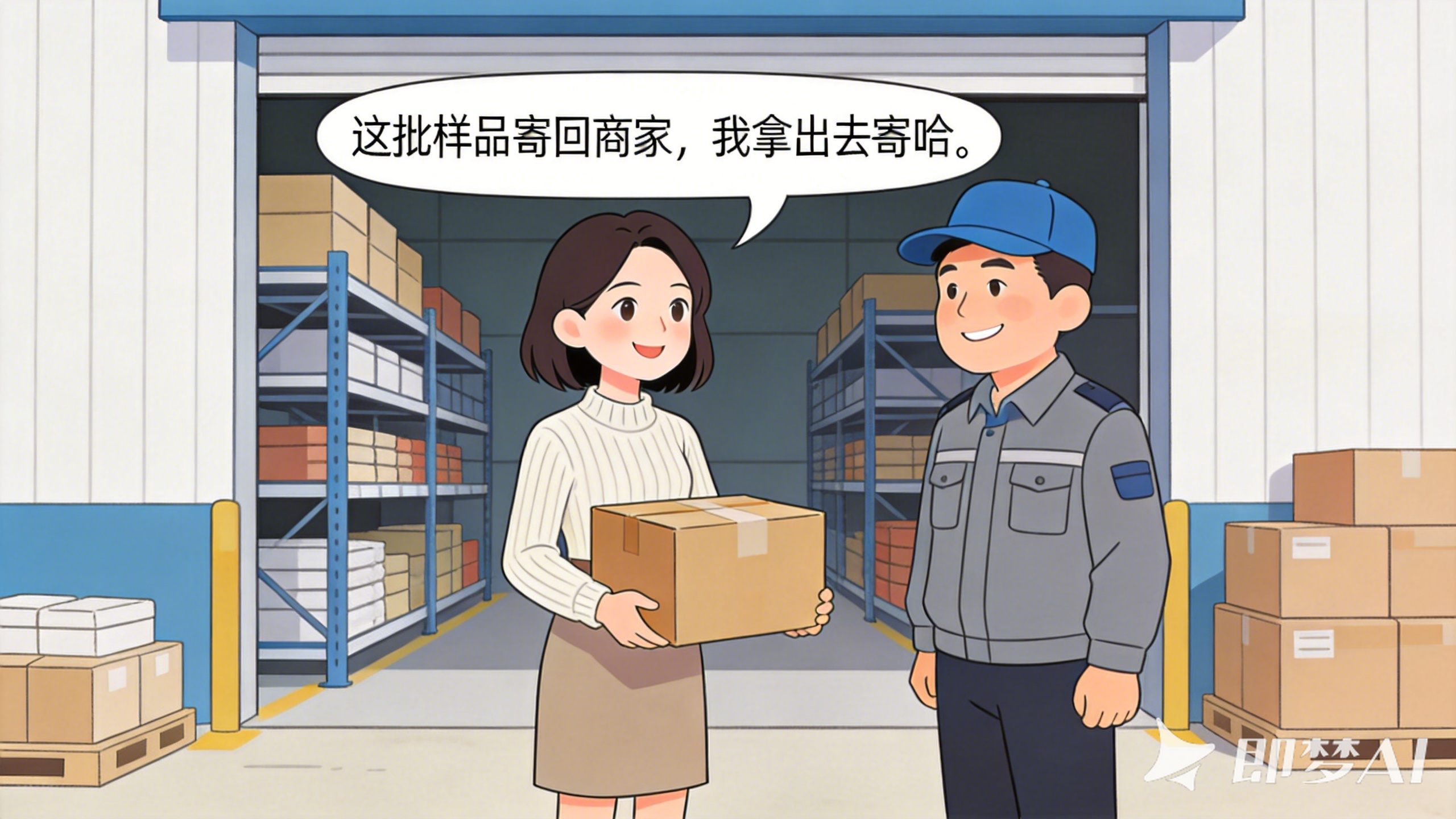 jimeng-2026-05-15-3307-普法卡通漫画，简约扁平风，明亮配色，政务检察风。仓库门口场景，货架堆放直播样品。....png